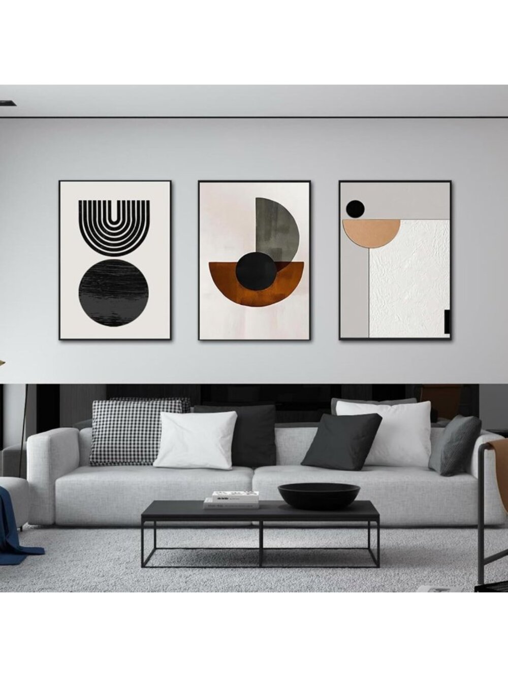 Set of 3 Geometric Arch Abstract Canvas Wall Art - Black & Brown Decor